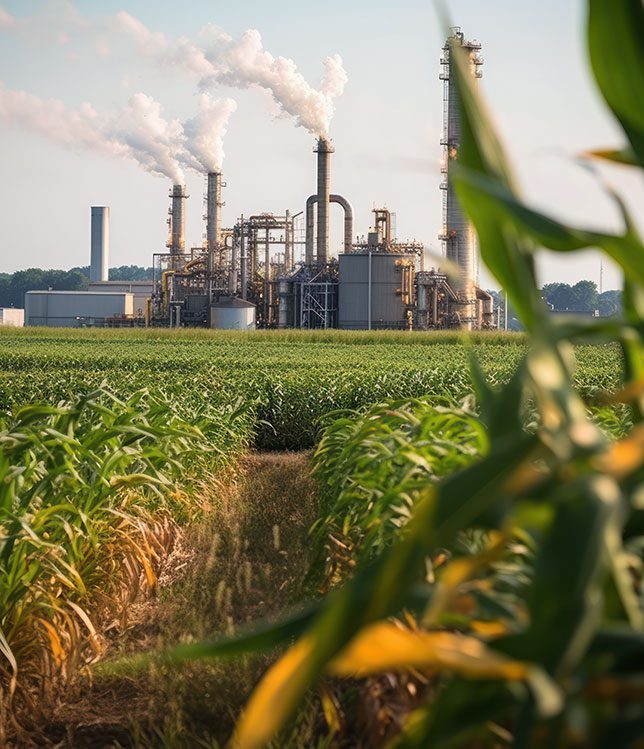 Ethanol production plant with high-emissivity furnace coatings enhancing thermal performance and reducing energy loss.